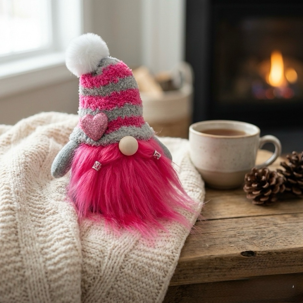 Handmade Valentine Gnome Decor Pink Gray Plush Beard + Glitter Heart | New